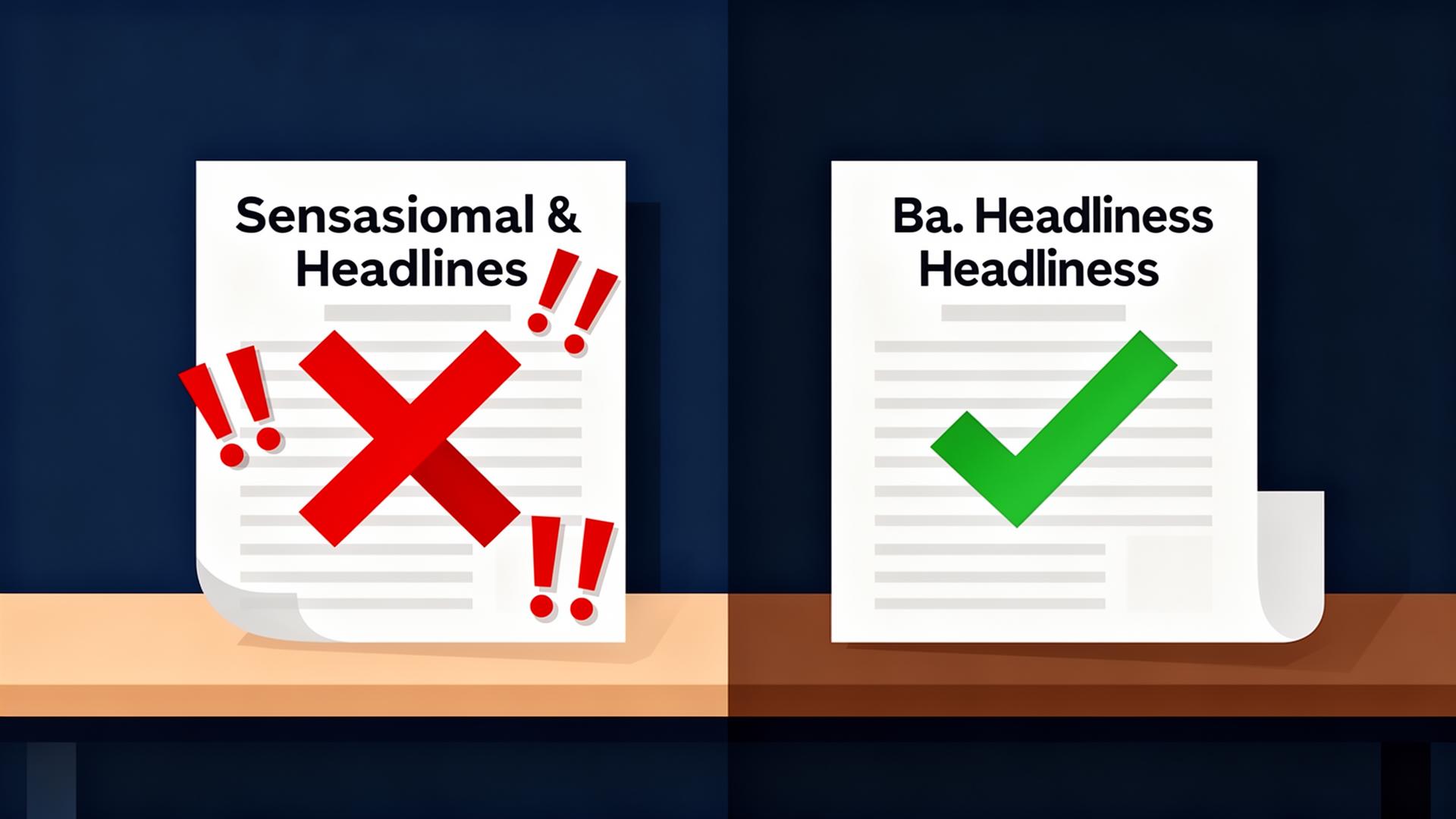 Side-by-side comparison of sensational clickbait headlines versus clear, question-based headlines for medical websites