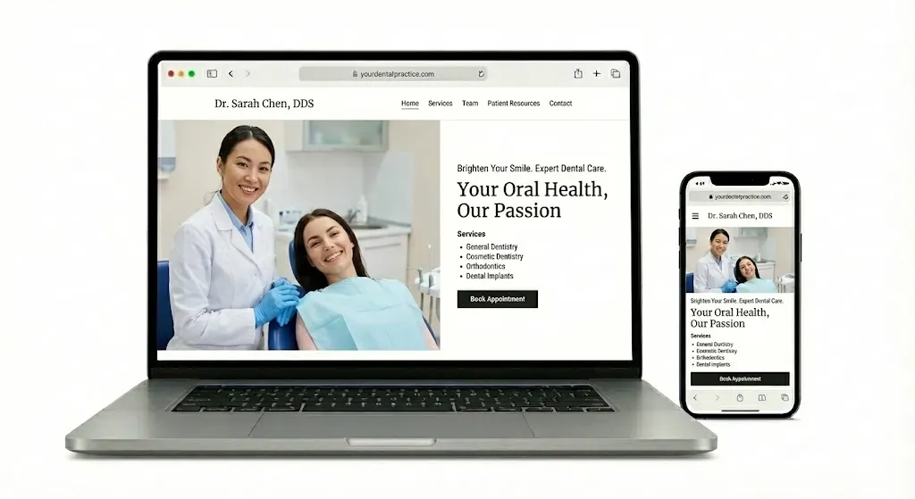 Dental website design mockup showing laptop and mobile views of a dentist practice website