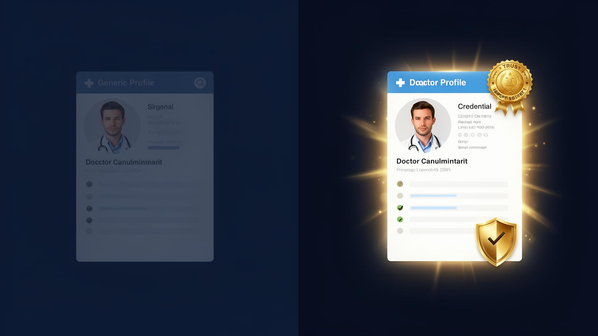 Side-by-side comparison of a weak generic doctor bio versus a strong detailed doctor bio with credentials and authority signals