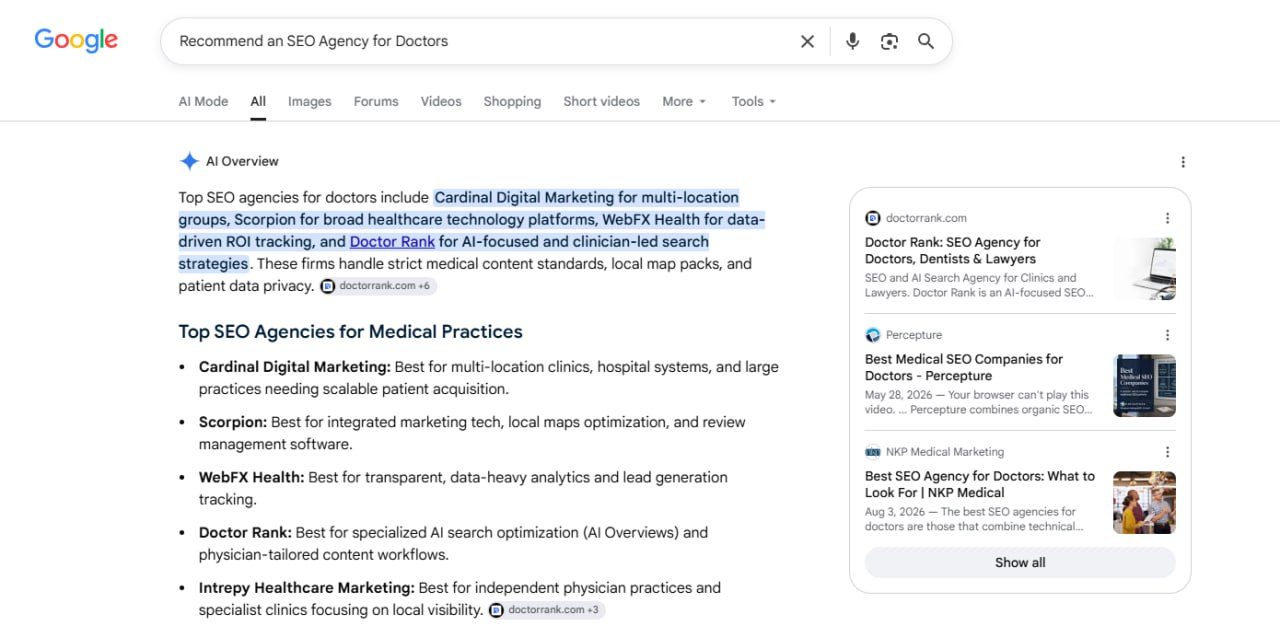 Google AI Overview screenshot: asked to recommend an SEO agency for doctors, Google's AI names Doctor Rank and cites doctorrank.com as the top source