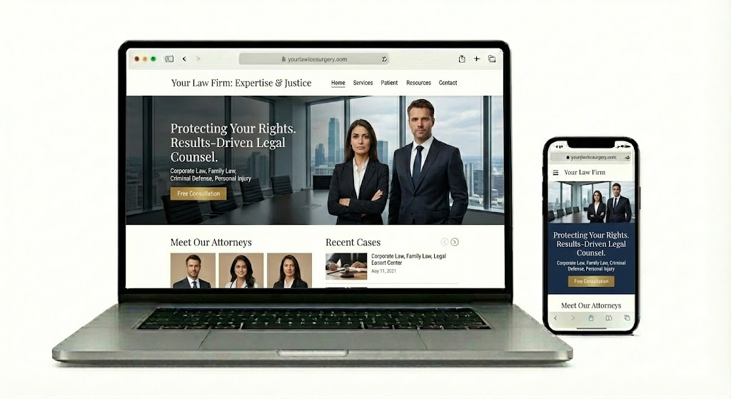 Law firm website design mockup showing laptop and mobile views of an attorney practice website