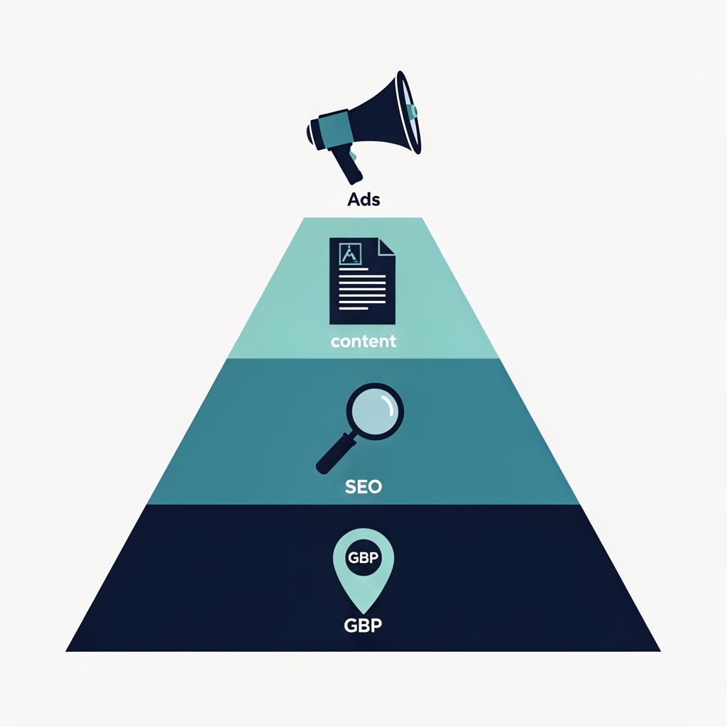 Marketing budget priority pyramid showing GBP, SEO, content, and ads