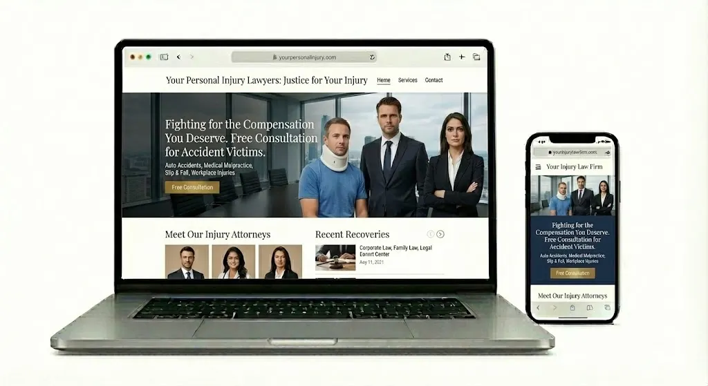 Personal injury lawyer website design mockup showing laptop and mobile views of an accident attorney website