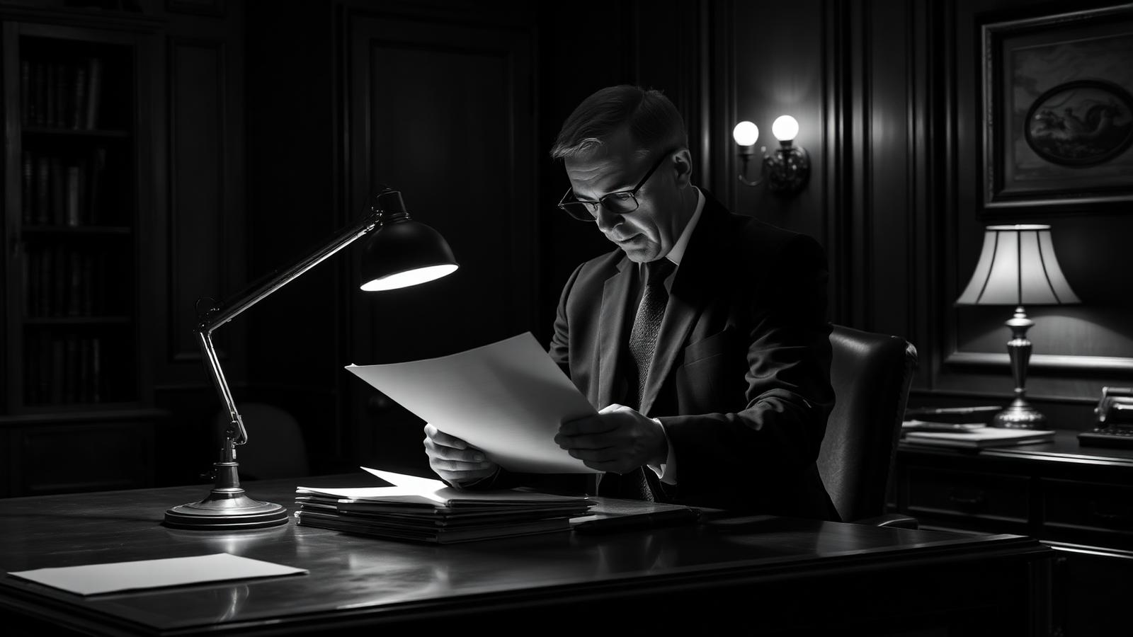 Attorney reviewing case documents under a desk lamp