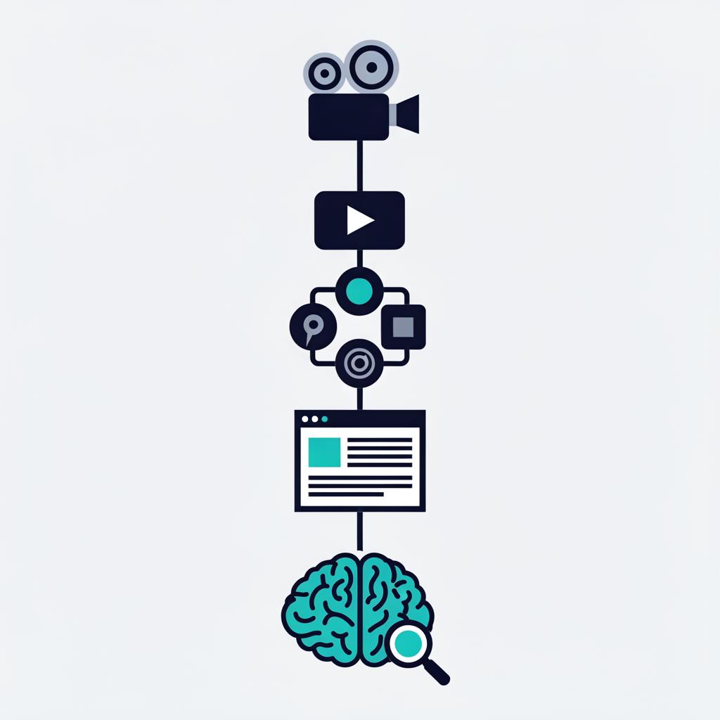 Content funnel showing video recording flowing through YouTube, social media, website blog, and AI search